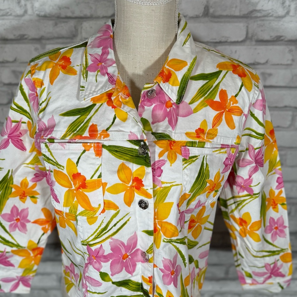 Vintage White Pink Orange Tropical Floral Jean Jacket Half Sleeves - Picture 5 of 14